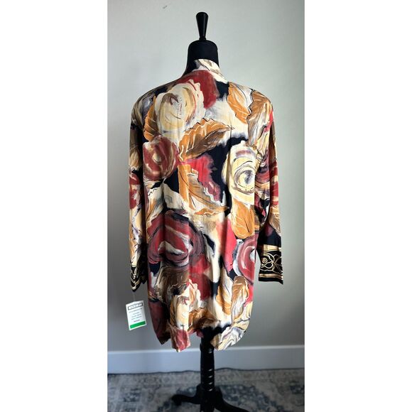 NWT A.K.F. Women's Cut Butter Yellow Rust Abstract Botanical Print Kimono Size M - Picture 3 of 10